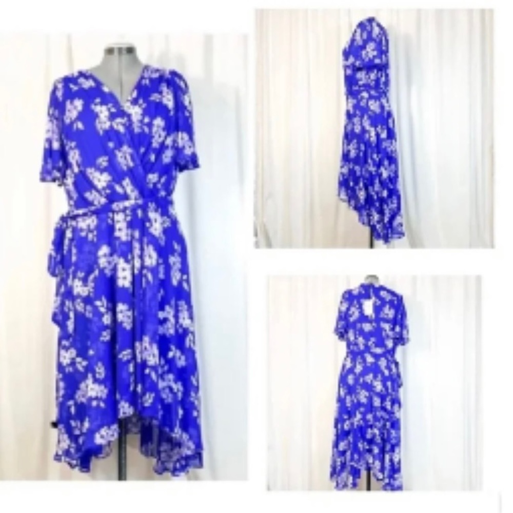 DKNY NWT Sz 18W Lapis in White / Lavender Flower Prints Hi Low Dress